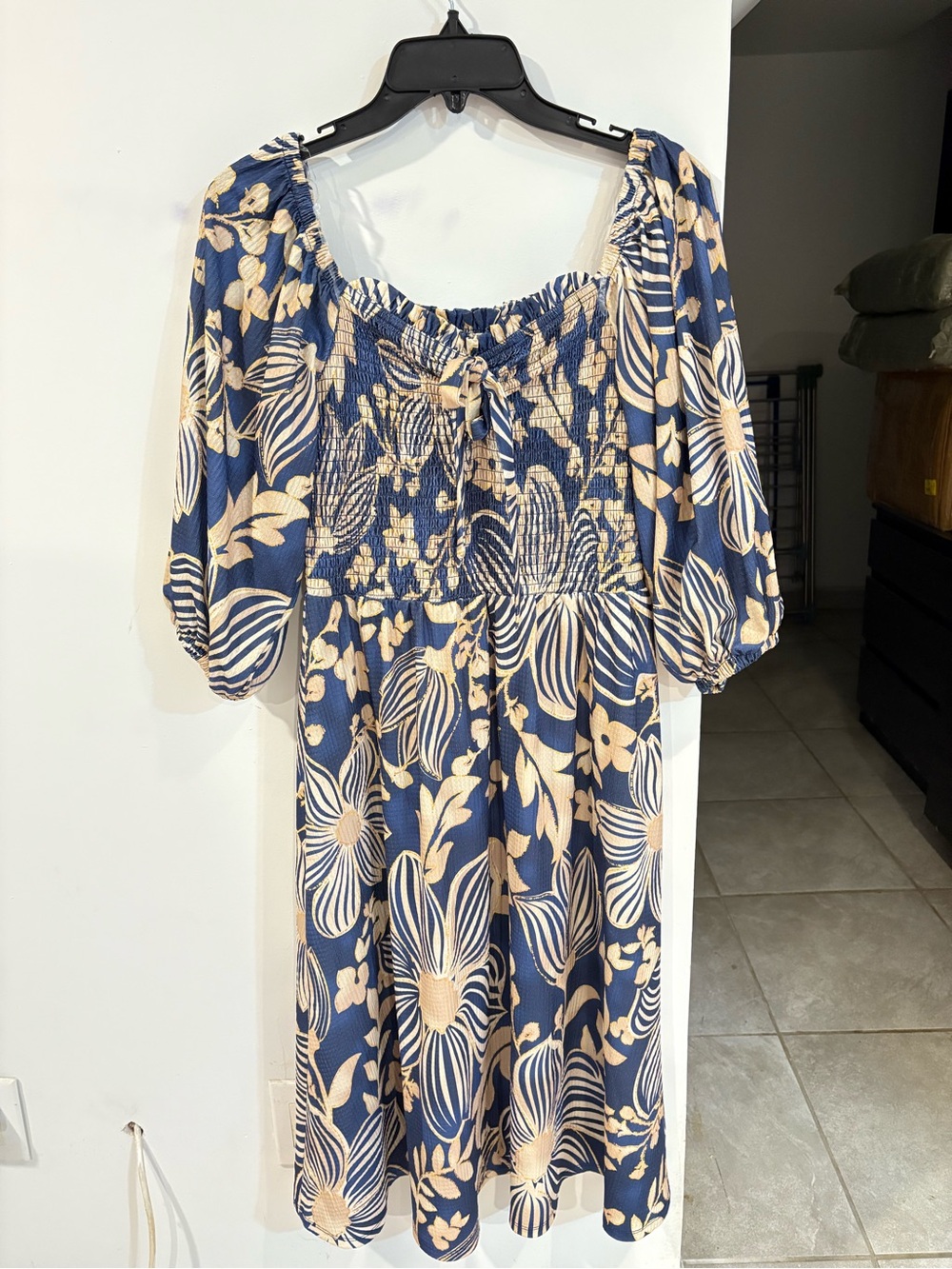 Navy and Cream Floral Smocked Midi Dress with Puff Sleeves